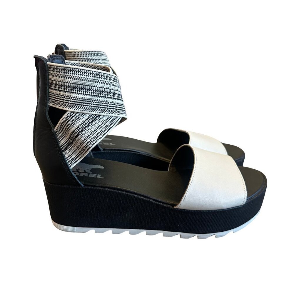 Sorel Cameron Flatform White Black Sandals Stretch Ankle Strap Size 8 Women's - Picture 2 of 9